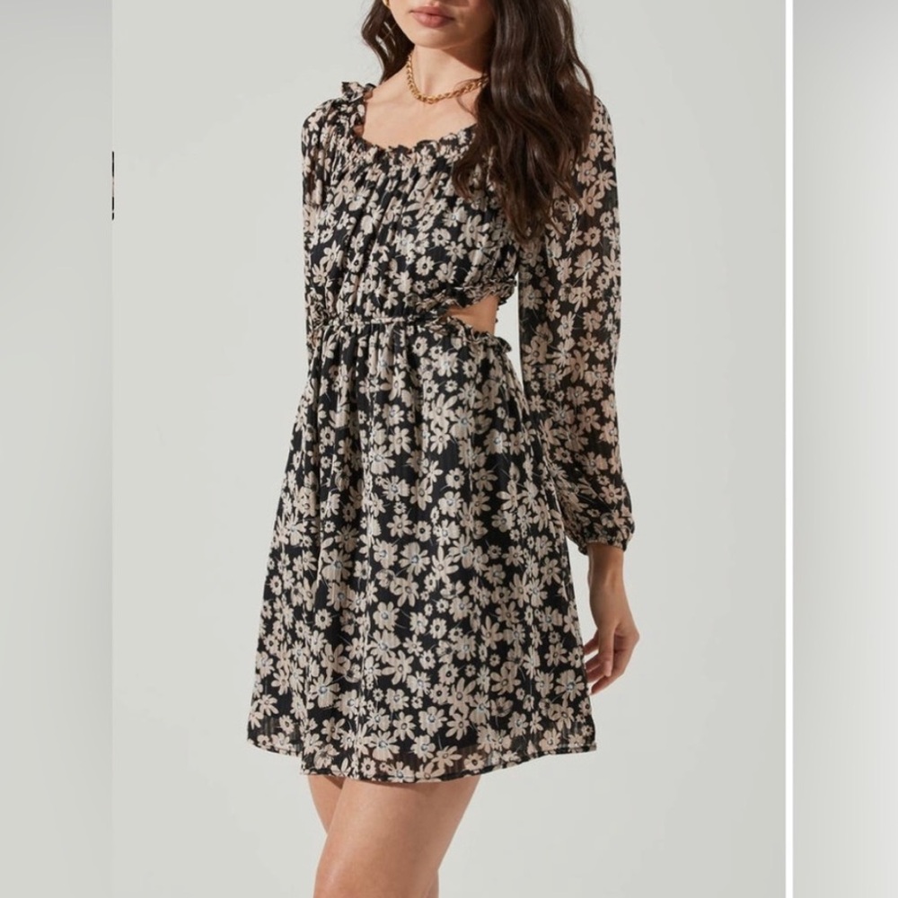 Astr Black and Cream Floral Long Sleeve Mini Dress